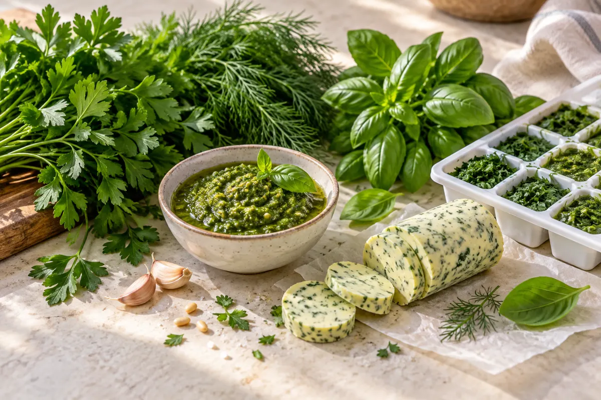 Ilustracja świeżych ziół, pesto, masła ziołowego i porcji do zamrożenia